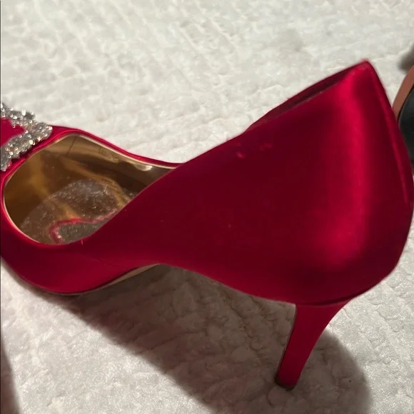 Badgley Mischka Red Satin Heels with Crystal Buckle - Picture 5 of 10